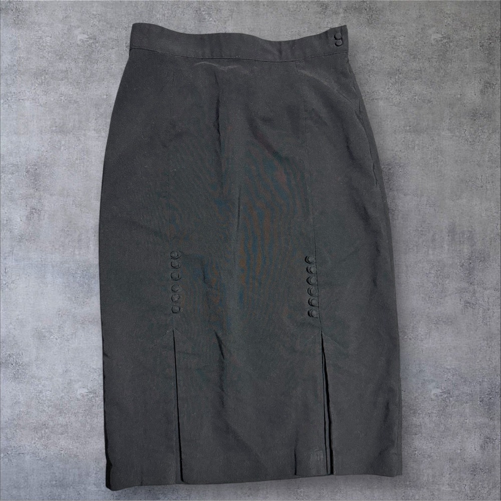 Tatyana Black Pencil Skirt Front Kick Pleats Button Detail Vintage Style Large